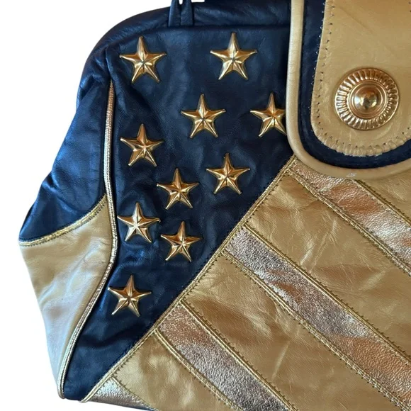 Rare Vintage Andre Nicole‎ Patriotic Gold US Flag Leather Crossbody Bowling Bag - Picture 3 of 9